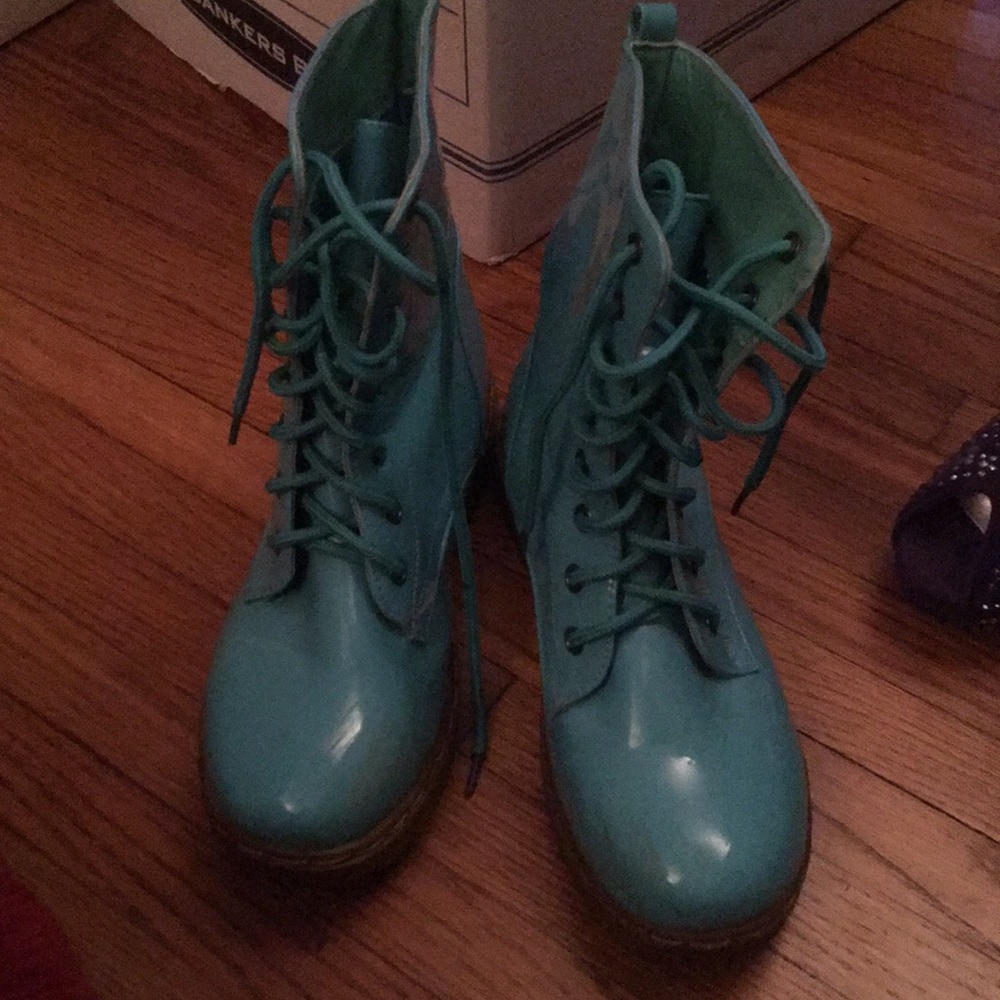 Teal patent leather combat boots